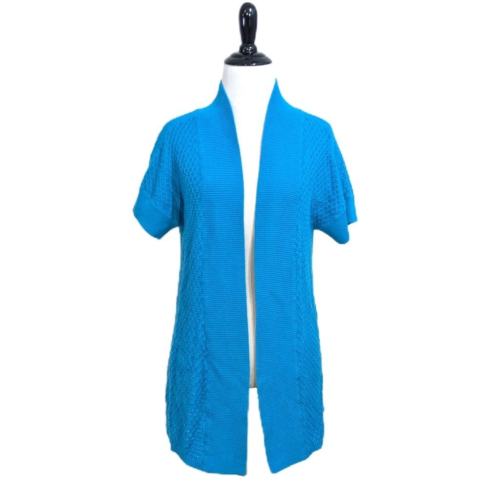 Talbots 100% Cotton Blue Short Sleeve Woven Drape Cardigan - Size Medium Womens